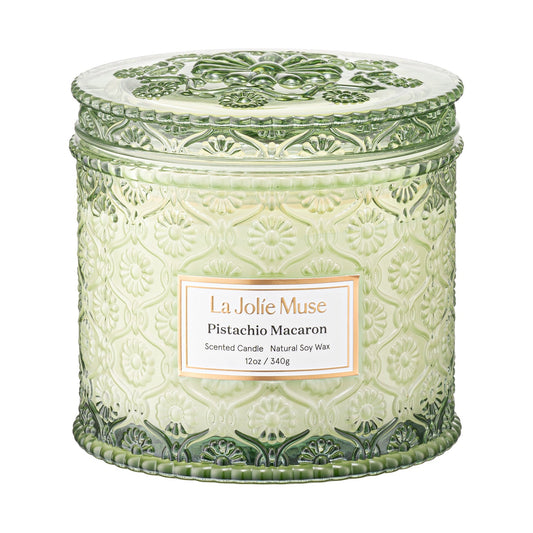 Pistachio Macaron 12 oz luxury candle in embossed glass from Maison Creole Compass