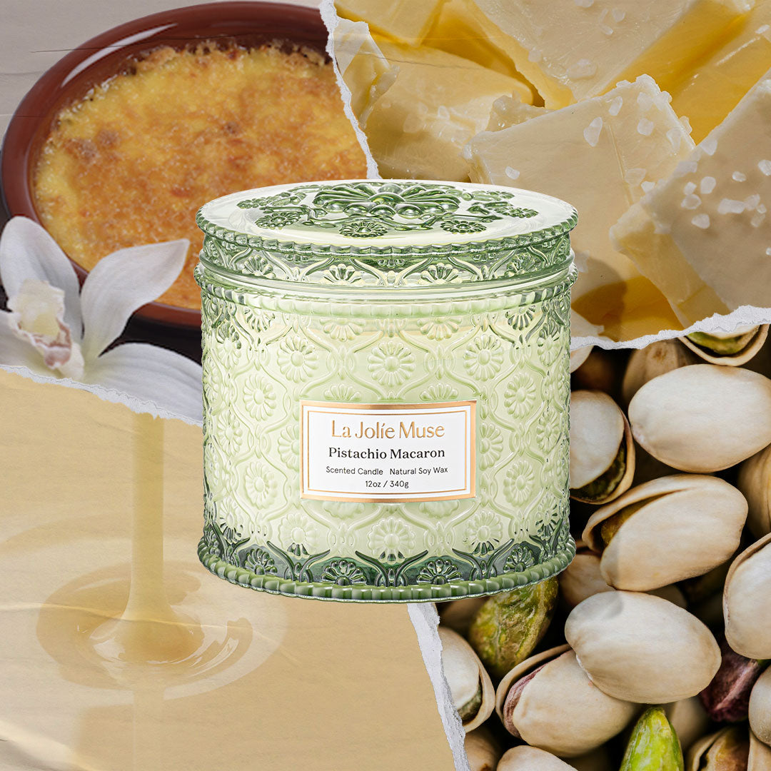 Pistachio Macaron 12 oz luxury candle in embossed glass, view 2