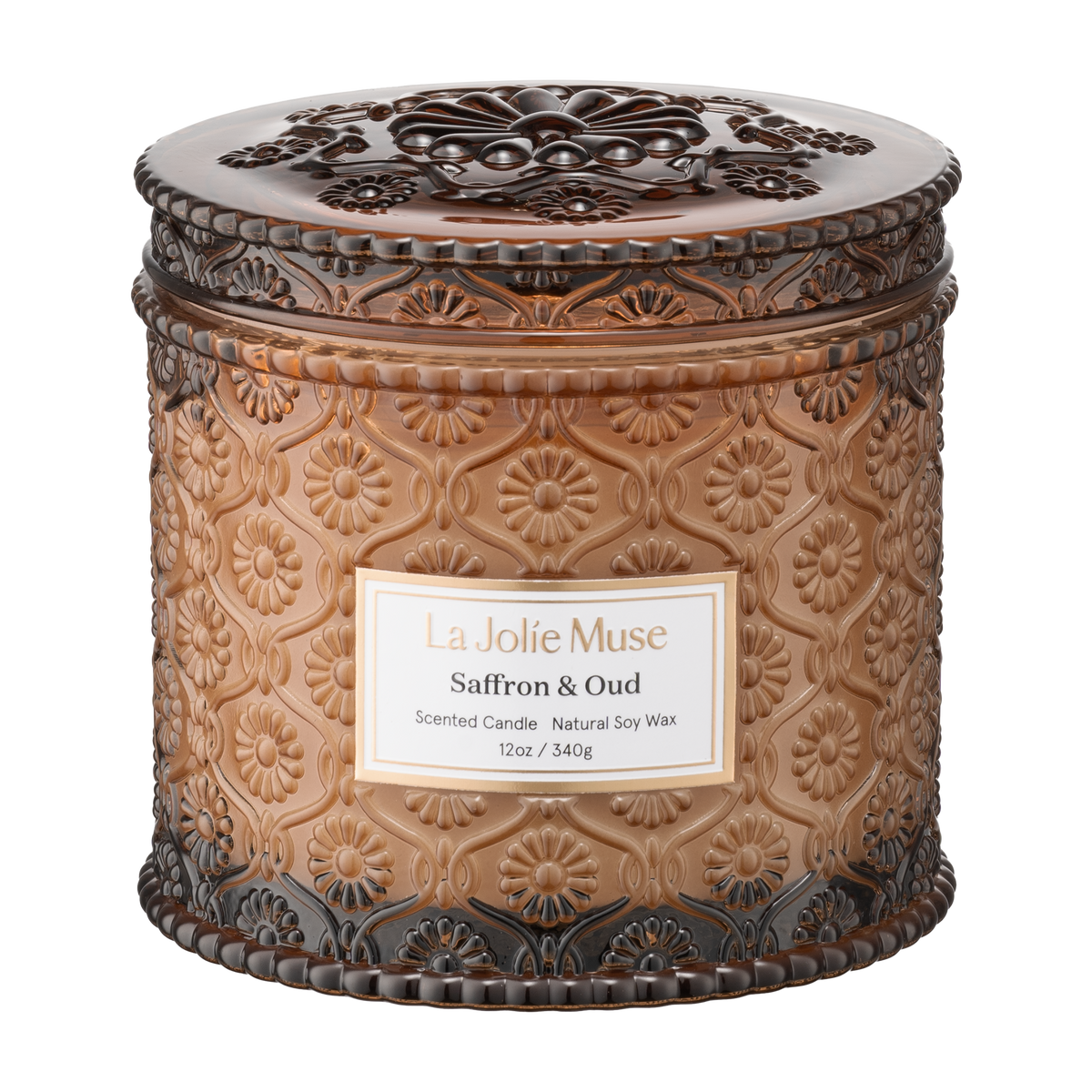 Saffron and Oud 12 oz luxury candle in embossed glass from Maison Creole Compass