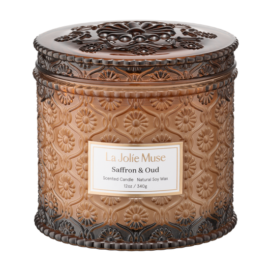 Saffron and Oud 12 oz luxury candle in embossed glass from Maison Creole Compass