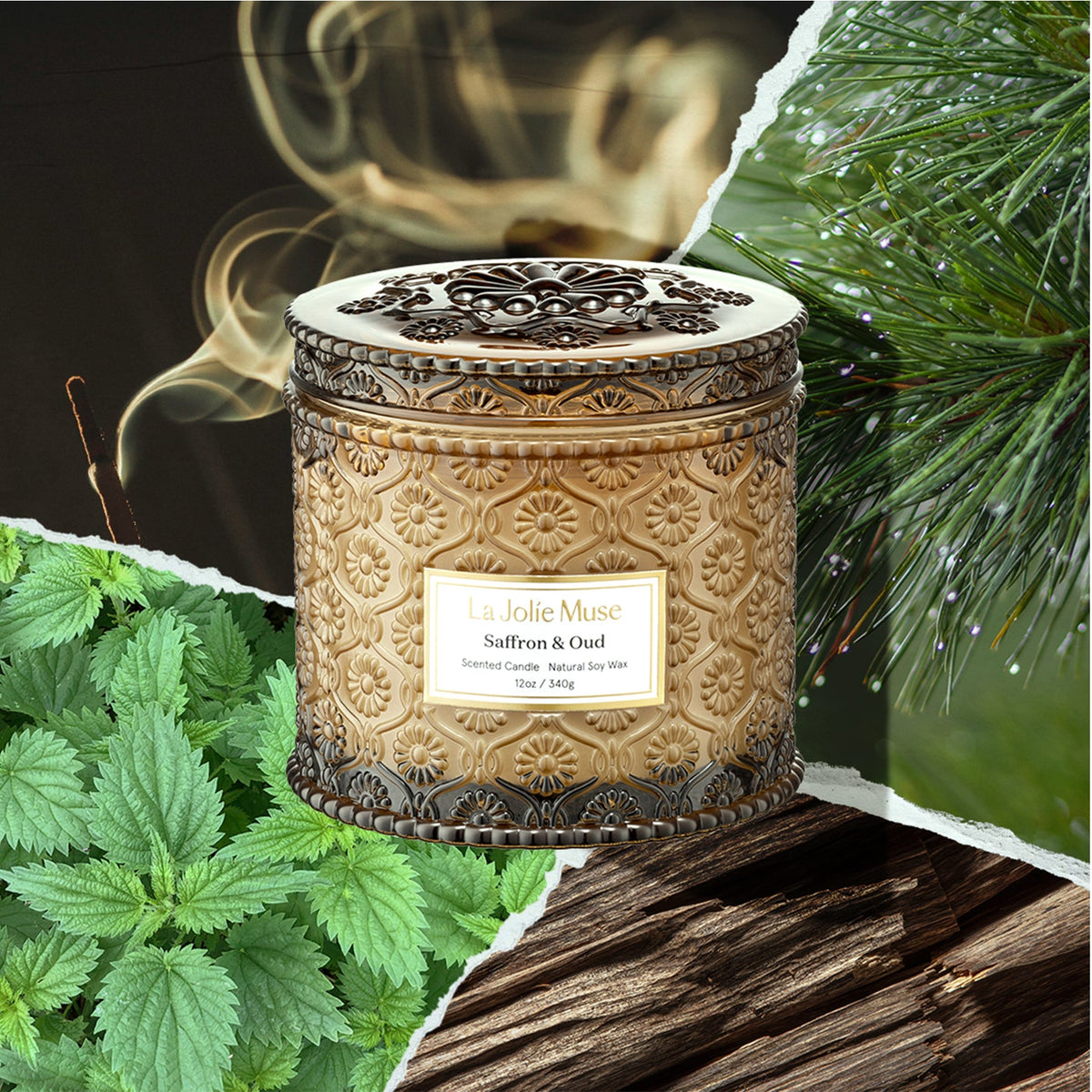 Saffron and Oud 12 oz luxury candle in embossed glass, view 2