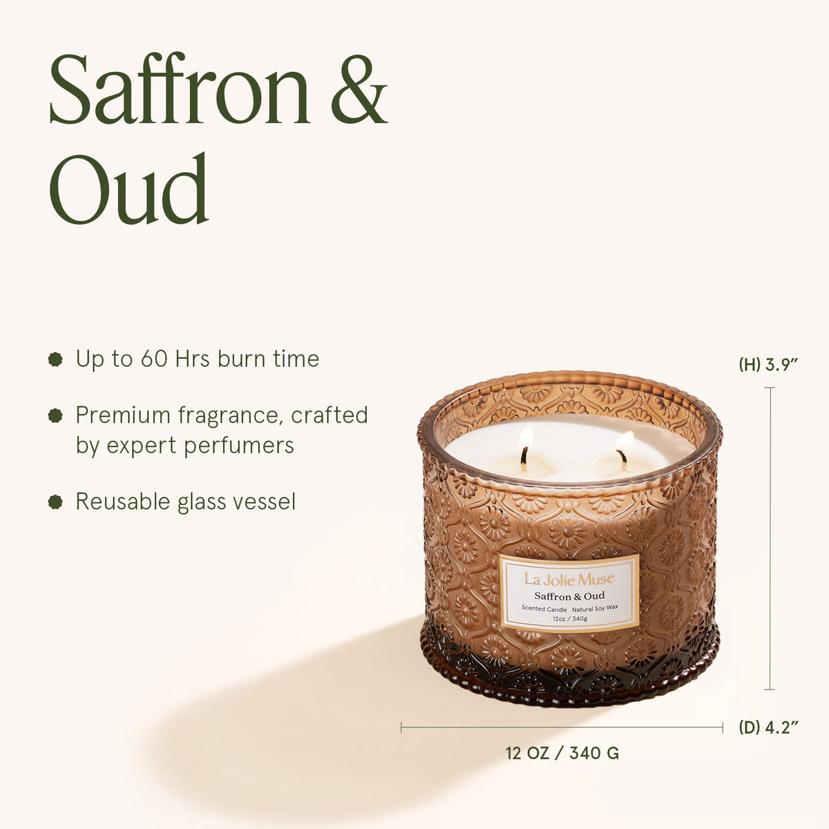 Saffron and Oud 12 oz luxury candle in embossed glass, view 5