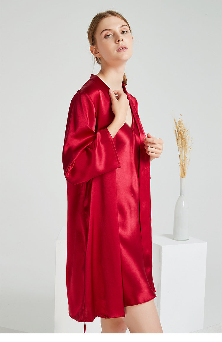 Embroidered mulberry silk robe and camisole set, view 10