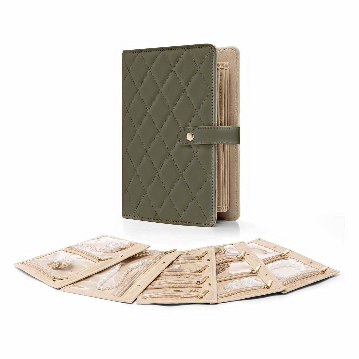 NNEDSZ Green Foldable Travel Jewelry Organizer - Velvet Zippered Case with Transparent Pages & Detachable Pouches
