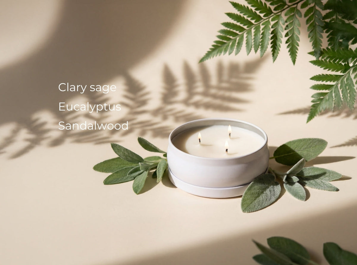 Kenscoff Sage 3-wick luxury candle with clary sage and eucalyptus, from Maison Creole Compass