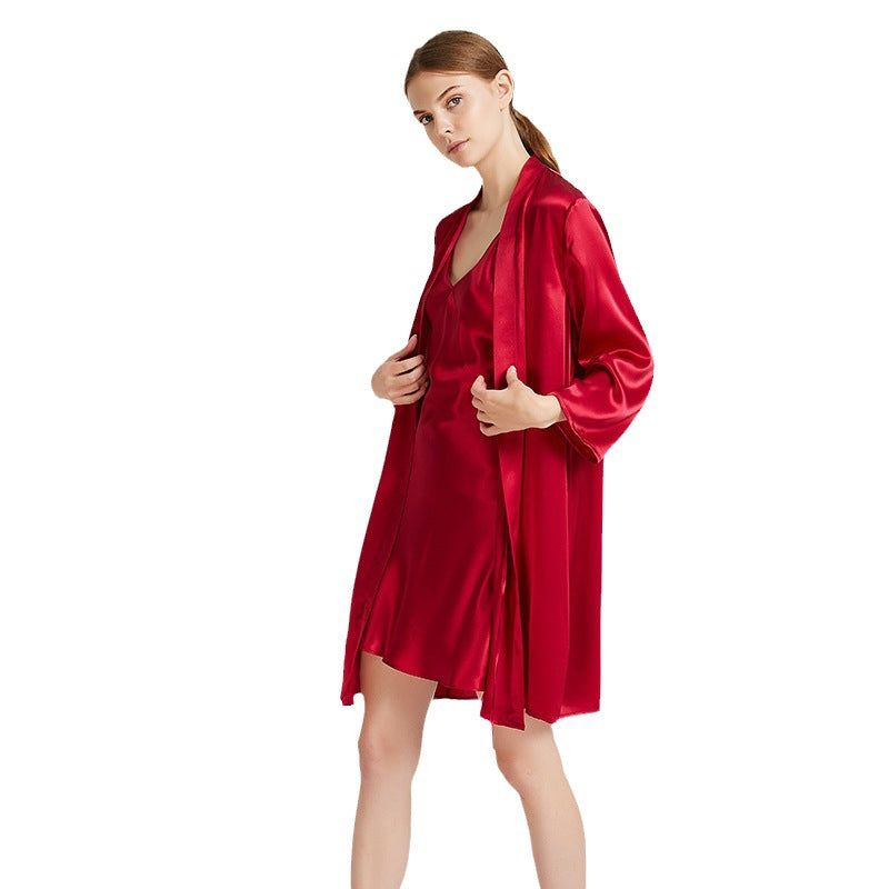 Embroidered mulberry silk robe and camisole set, view 8