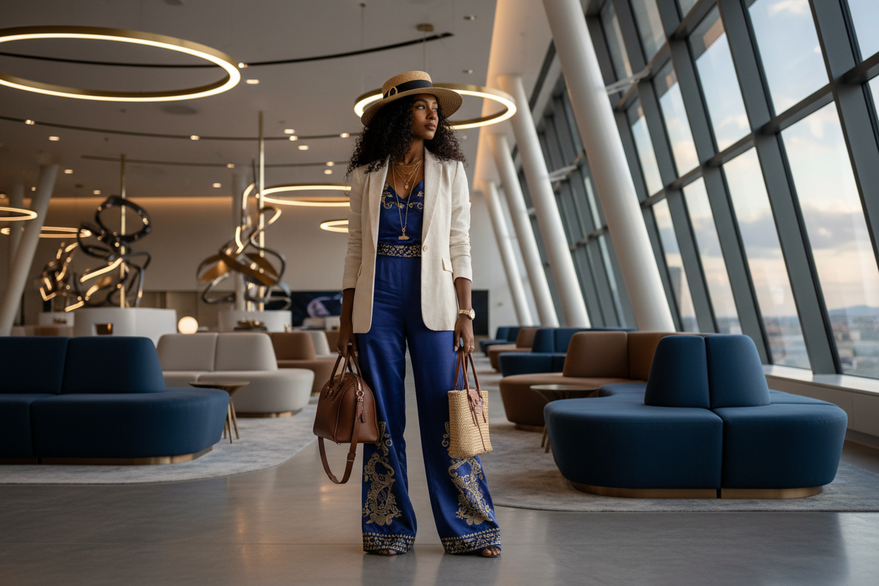 Haitian woman who is 5 feet 2 inches, 125 pounds is her weight with curly black hair. She is stylish and elegant traveler and she is here to share her experience of elavated travel in 2025 and into the future. She is searching for her purpose