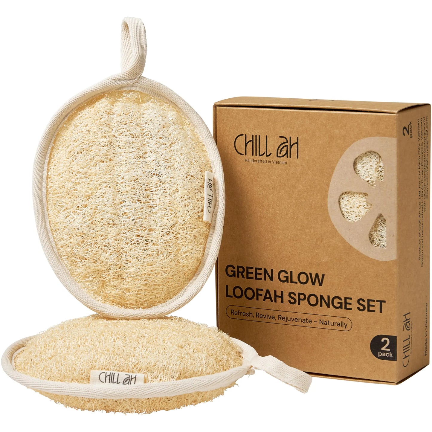 Chill Ah Green Glow All Natural Exfoliator Dual Sided Loofah Bath Sponge Set – 100% Plant-Based dye-Free Biodegradable Scratch-Free Handcrafted in Vietnam (2-Pack)