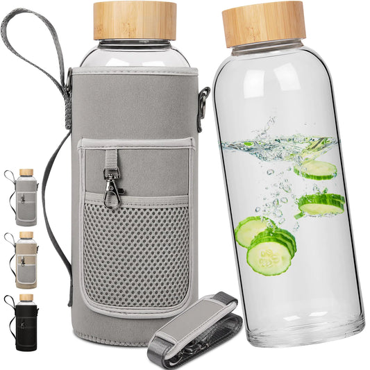 Ferexer 48 oz Sports Borosilicate Glass Water Bottle with Bamboo Lid with Neoprene Sleeve
